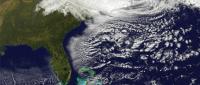 Satellite image of the Eastern United States coastline and the Atlantic Ocean, showing weather patterns and cloud formations after Hurricane Sandy.